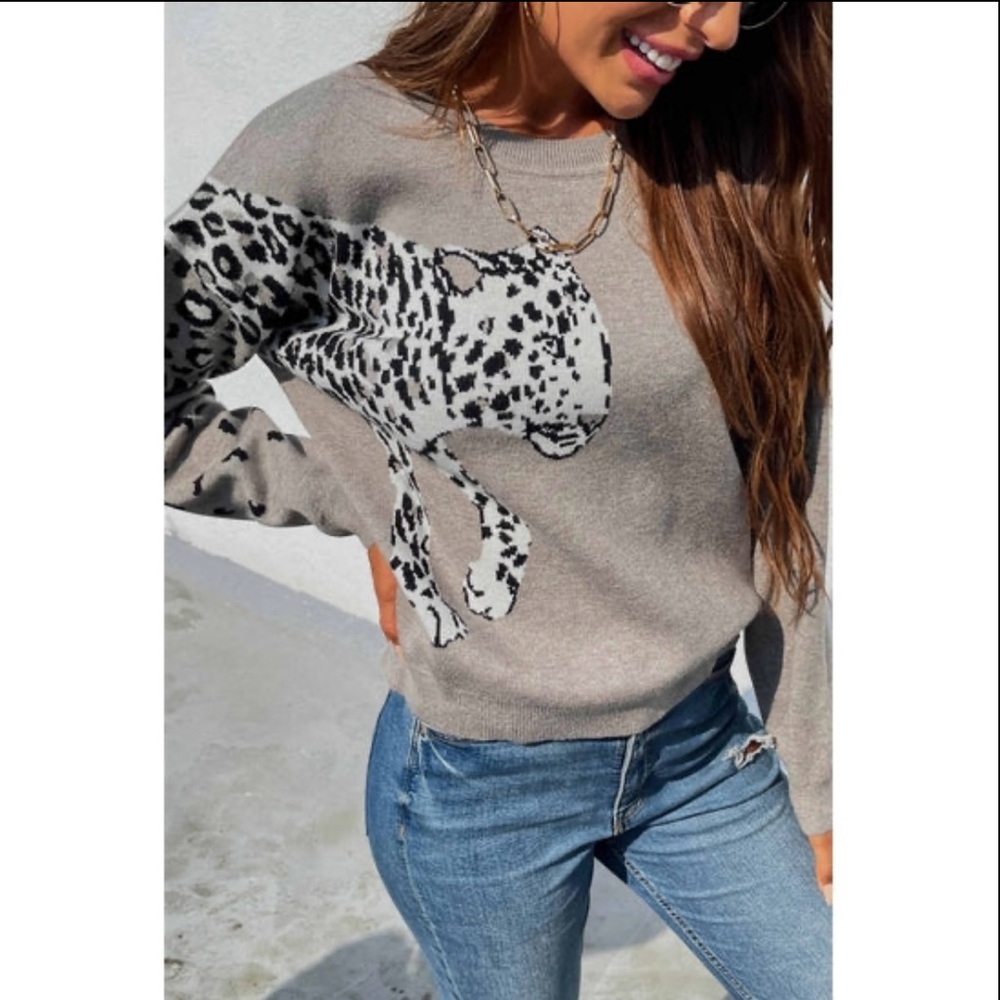 Gray Sweater With Leopard Graphic Print